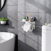 Tindbea Toilet Paper Holder with Phone Shelf, Adhesive or Screw Wall Mount Toilet Tissue Roll Holder, Rustproof & Multifunctional Stainless Steel Bathroom Storage Dispenser (White) - Like New